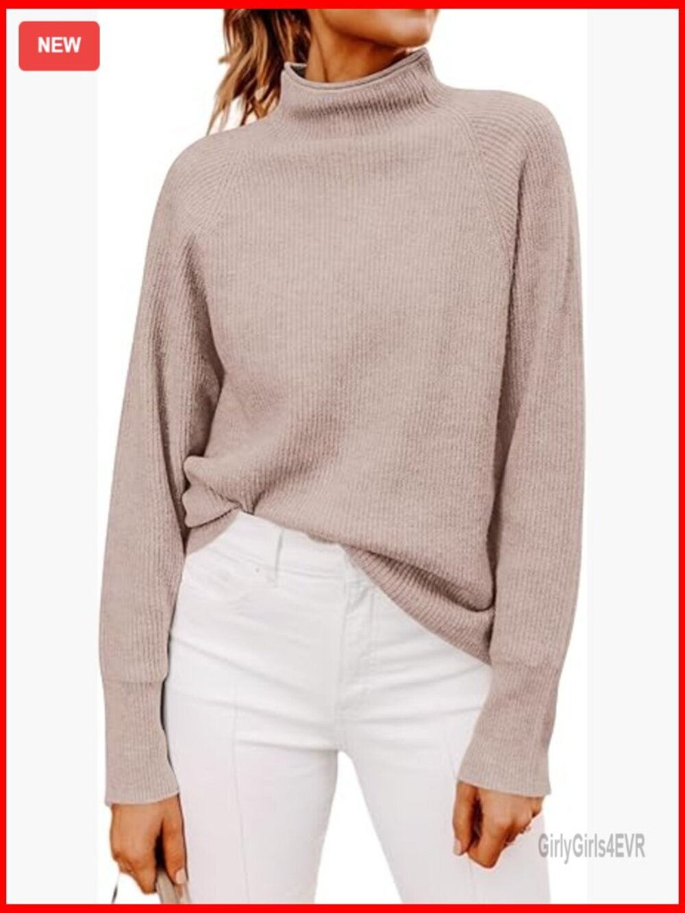 Ribbed Mock Neck Batwing Sleeve Sweater Loose Knitted Pullover Top